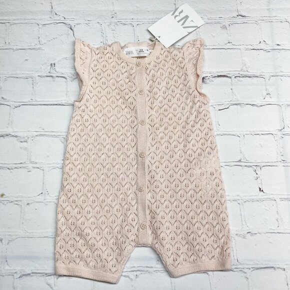 NEW Zara Cotton Pointelle Knit Romper Size 3-6 mos *TINY FLAW* Pastel Pink Beige - Picture 2 of 7